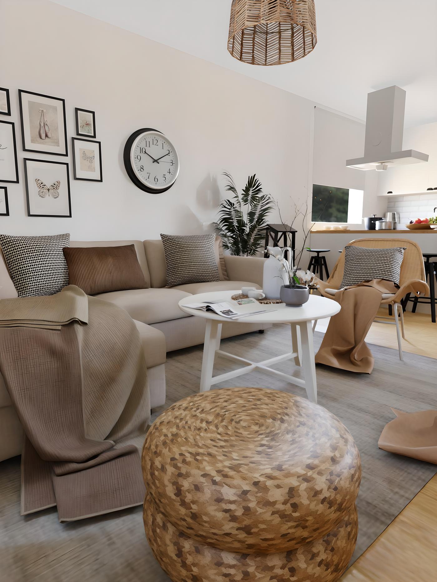 Dnevni boravak s kaučem, stolom, stolicama i dekoracijama u neutralnim bojama. Na zidu su slike i sat. U pozadini je kuhinja.
