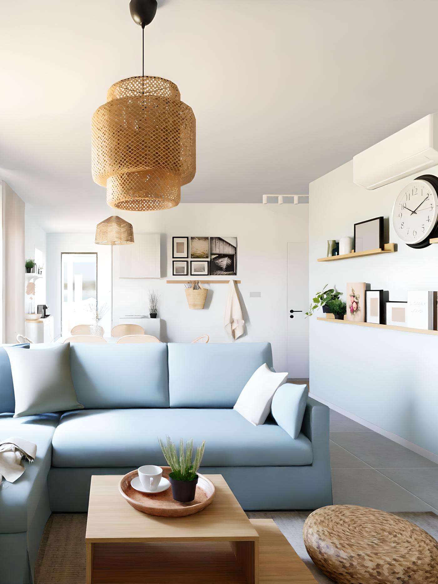 Dnevni boravak s plavim kaučem, drvenim stolićem, pletenom košarom, policama s knjigama i satom; u pozadini blagovaonica s bijelim stolom i kuhinja; iznad kauča pletena lampa.