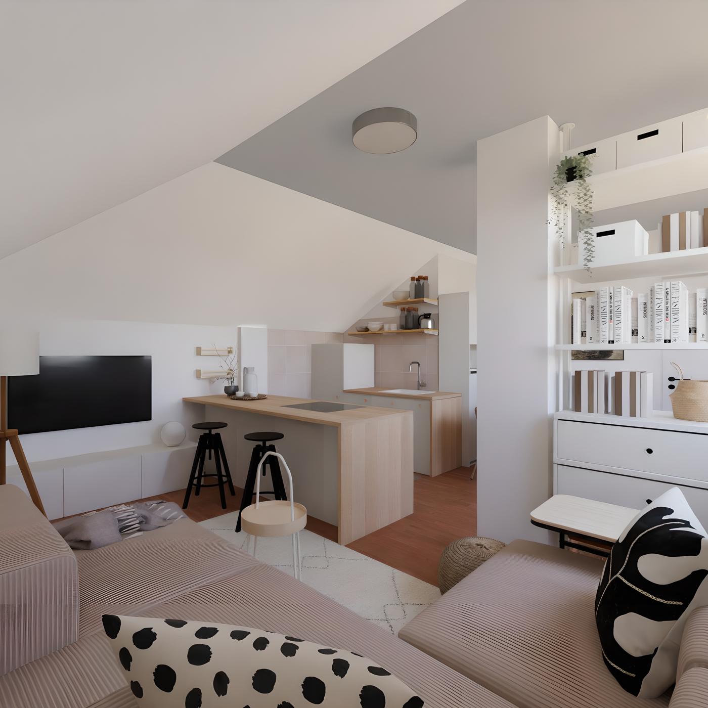 Dnevni boravak u potkrovlju s bijelim zidovima, drvenim namještajem, kaučem i jastucima u prvom planu; u pozadini kuhinjski otok s barskim stolicama te polica s knjigama i ukrasima.