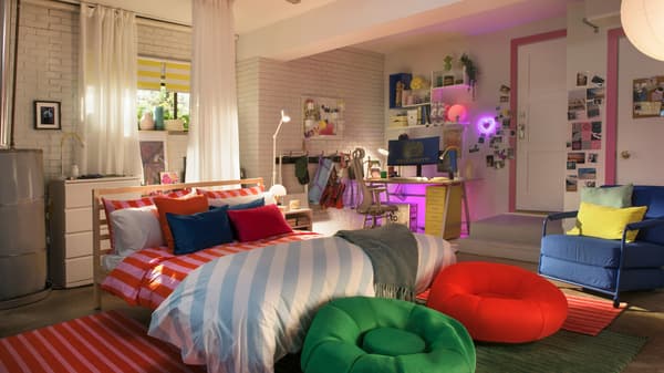 dorm room setting with bed