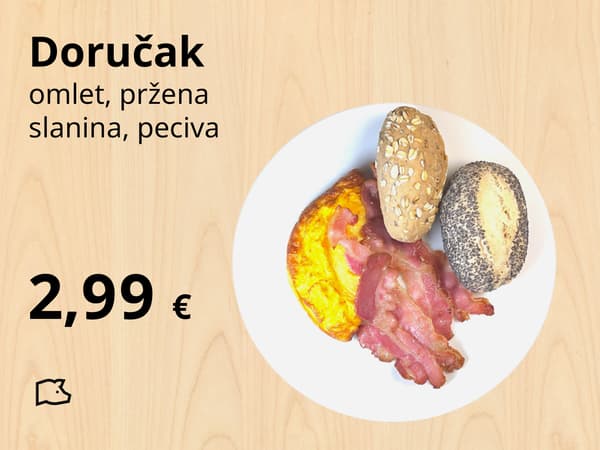 Doručak na bijelom tanjuru sadrži omlet, prženu slaninu i peciva. Cijena je 2,99 €, a u donjem desnom kutu nalazi se IKEA logo.