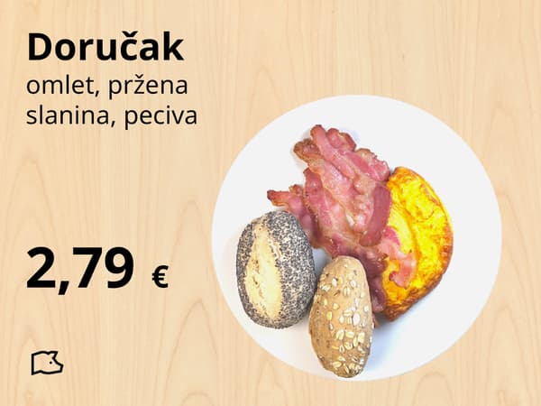 Doručak na bijelom tanjuru sadrži omlet, prženu slaninu i peciva. Cijena je 2,79 €, a u donjem desnom kutu nalazi se IKEA logo.