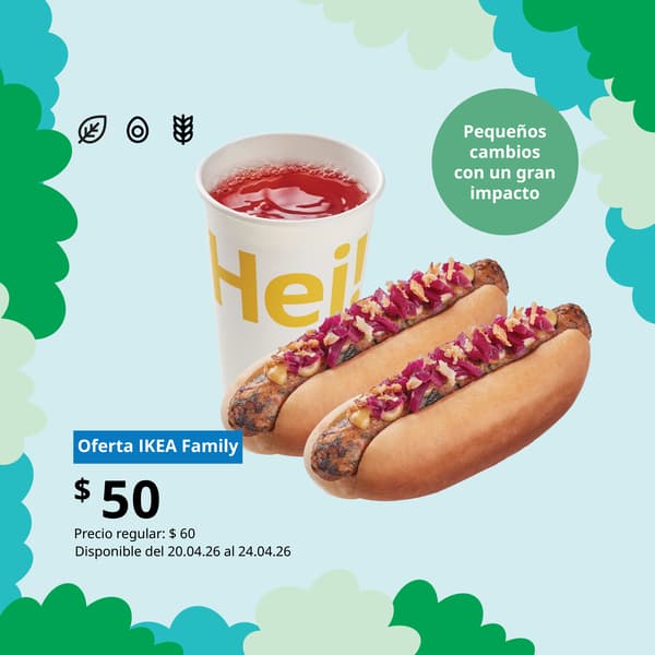 Dos piezas de hot dog vegetariano con pan, salchicha, col encurtida (8 gr)  y cebolla crujiente (8gr). Incluye refresco refill.