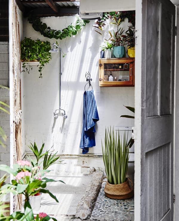 Douche d’extérieur blanche généreusement décorée de plantes.