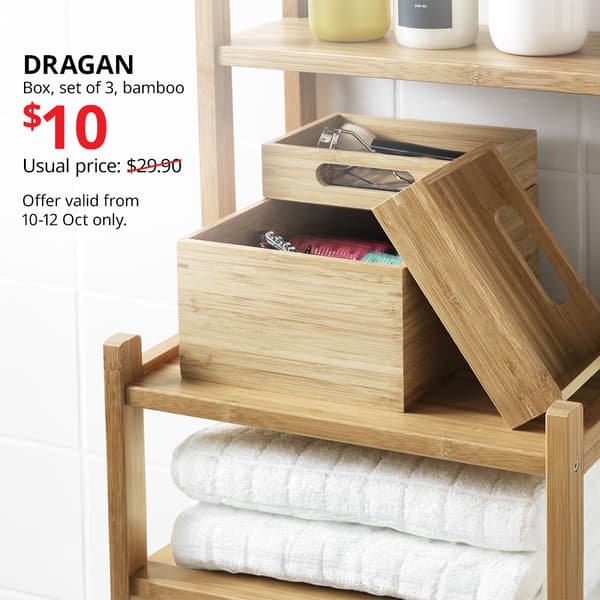 DRAGAN box, set of 3, bamboo, 23x17x14 cm. Usual price with slash: $29.90. 10.10 price: $10. IKEA Alexandra birthday sale, 10.10 sale