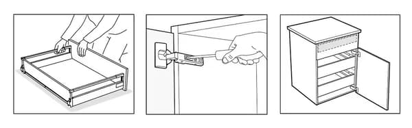 Drawing of a person assembling a kitchen cabinet.