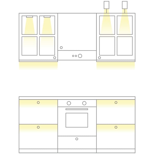 Drawing of the lighting in the kitchen cabinets as well as lighting rods under and inside the cabinets.