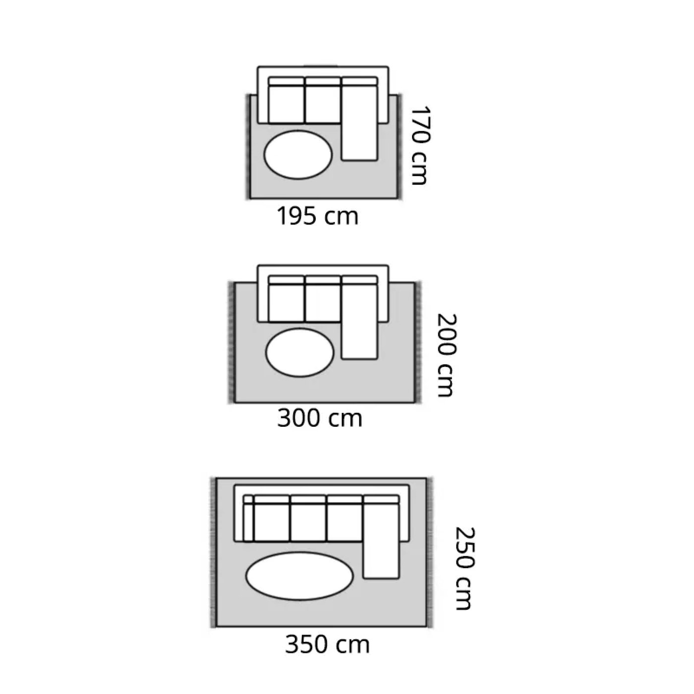 Drie variaties van een woonkamerindeling worden geïllustreerd, telkens met de exacte afmetingen van de tapijten, het meubilair en de chaise longue.
