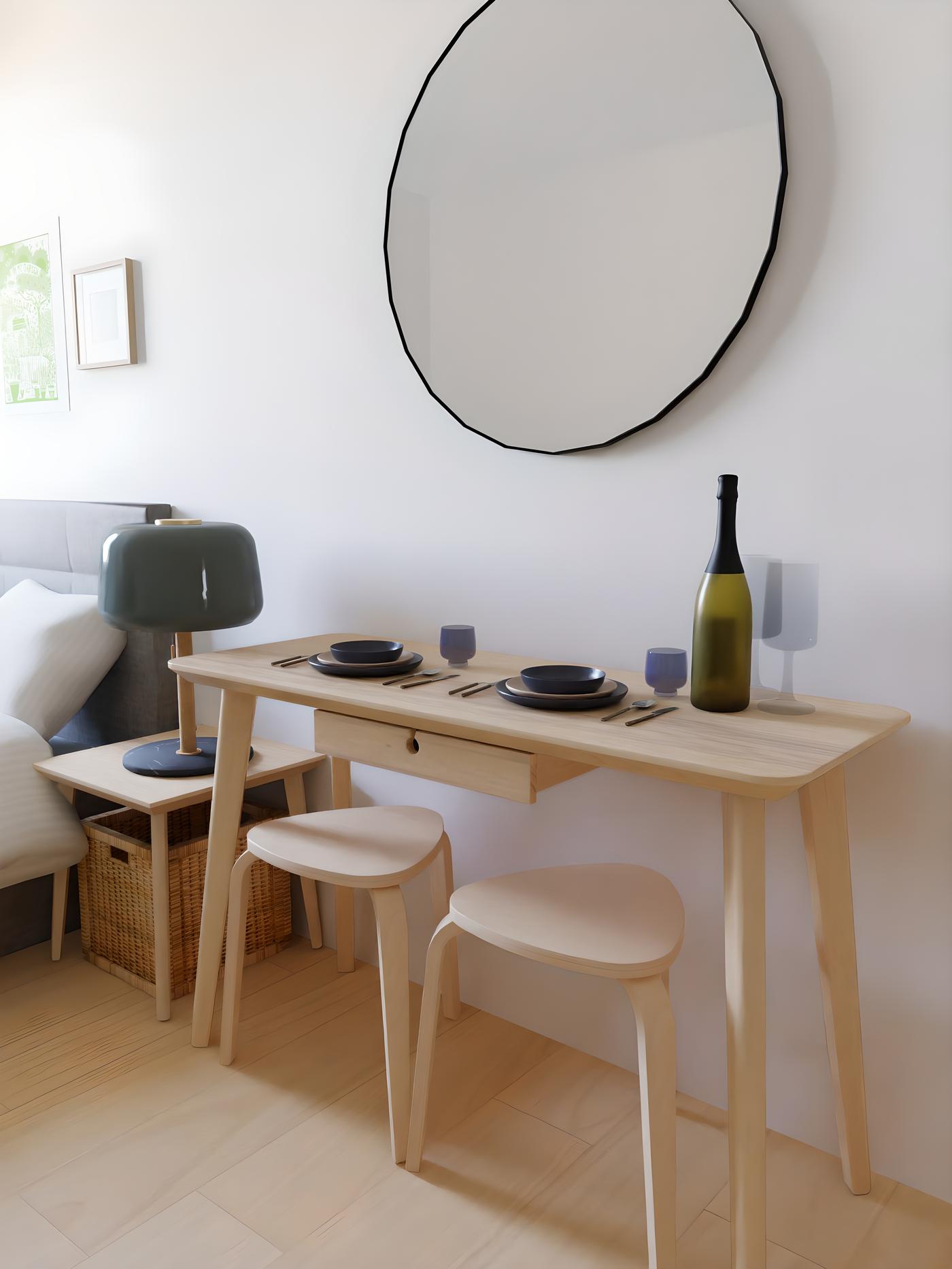 Drveni stol s dvije stolice, na stolu su tanjuri, čaše, pribor za jelo i boca vina; iznad stola je okruglo ogledalo.