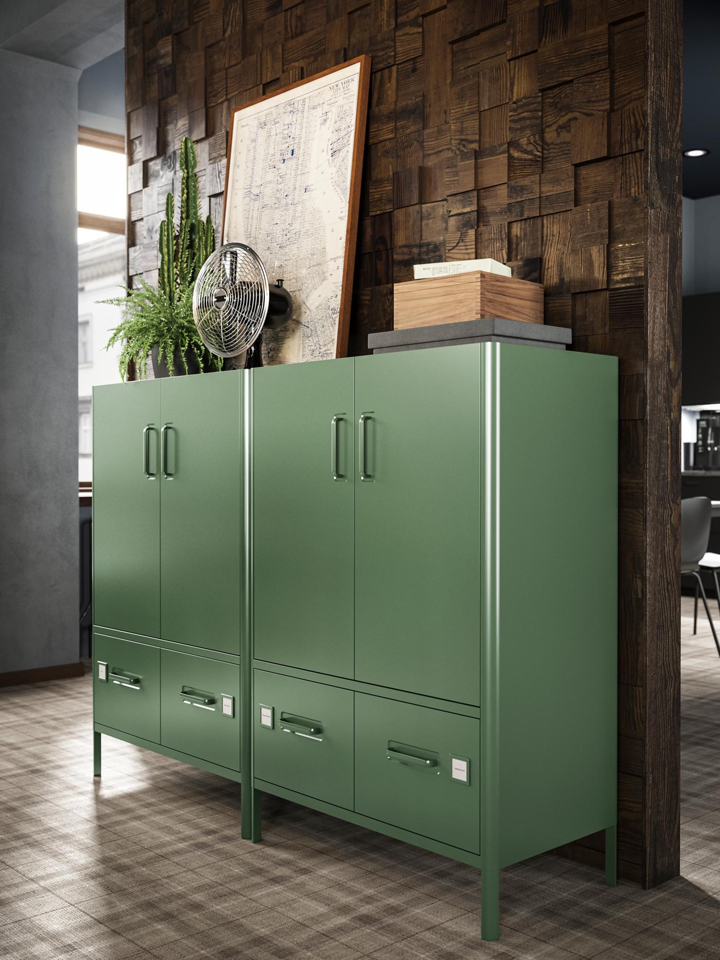Due grandi mobili con ante e cassetti IDÅSEN verdi, una accanto all’altro in un ufficio dalla luce calda - IKEA