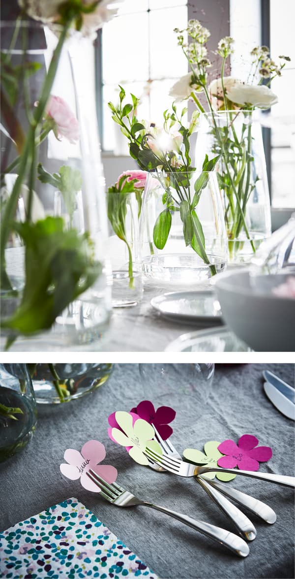 Due immagini di una tavola con vasi di fiori, forchette con segnaposto a forma di fiori di carta colorati.