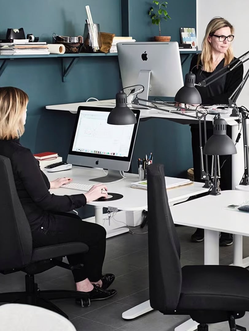 Due ragazze una di fronte all'altra che lavorano alla scrivania.