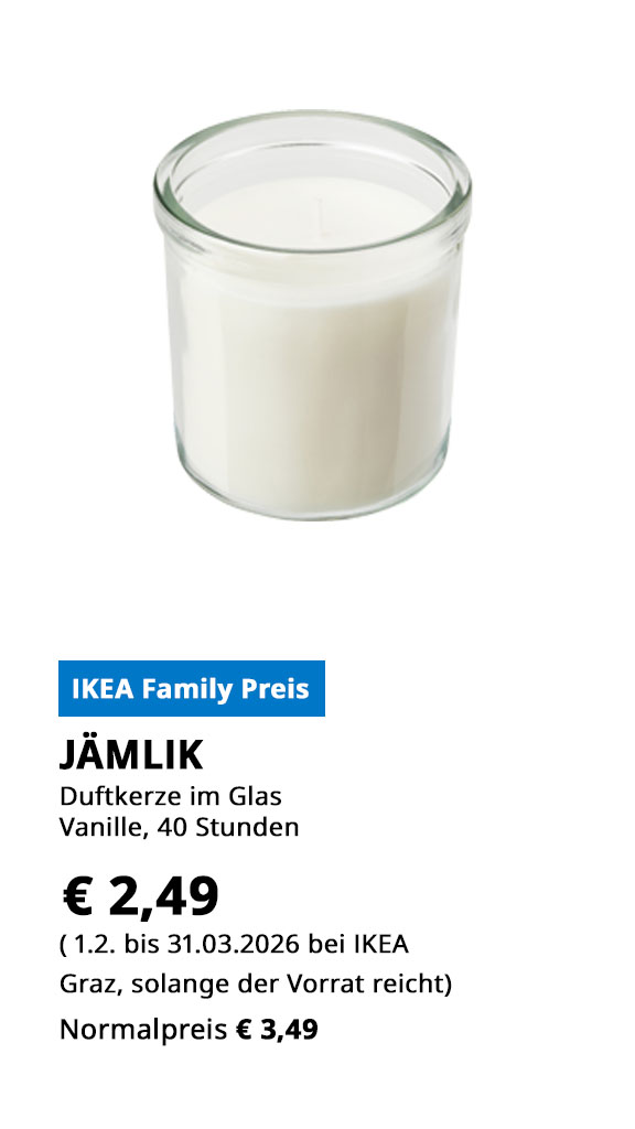 Duftkerze im Glas Jämlik, Vanille, 42 Stunden, statt € 3,49 zum IKEA Family Preis € 2,49.