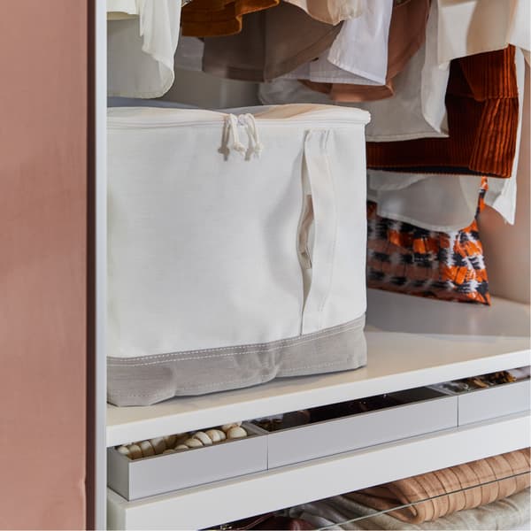 Dulap alb cu sertare și o cutie pentru depozitare LACKISAR, albă și bej cu gri. 