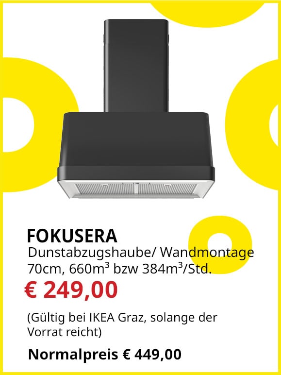 Dunstabzug Fokusera, 70cm, Abluft/Umluft,  660 bzw 384m³  Abzugsleistung pro Stunde, statt € 499 um € 249. 5 Jahre Garantie.