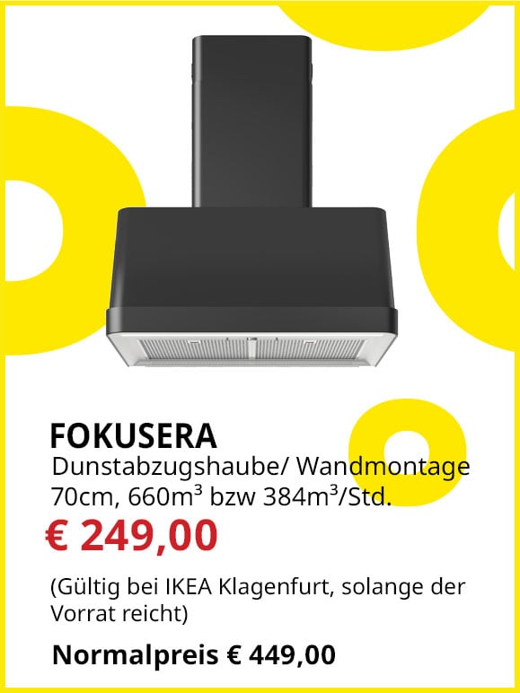 Dunstabzug Fokusera, 70cm, Abluft/Umluft,  660 bzw 384m³  Abzugsleistung pro Stunde, statt € 499 um € 249. 5 Jahre Garantie.
