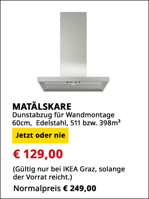 Dunstabzug für Wandmontage Matälskare, 60 cm breit. Edelstahl, Abzugsleistung Abluft / Umluft 511 bzw. 398 m³, statt € 249 um € 129.