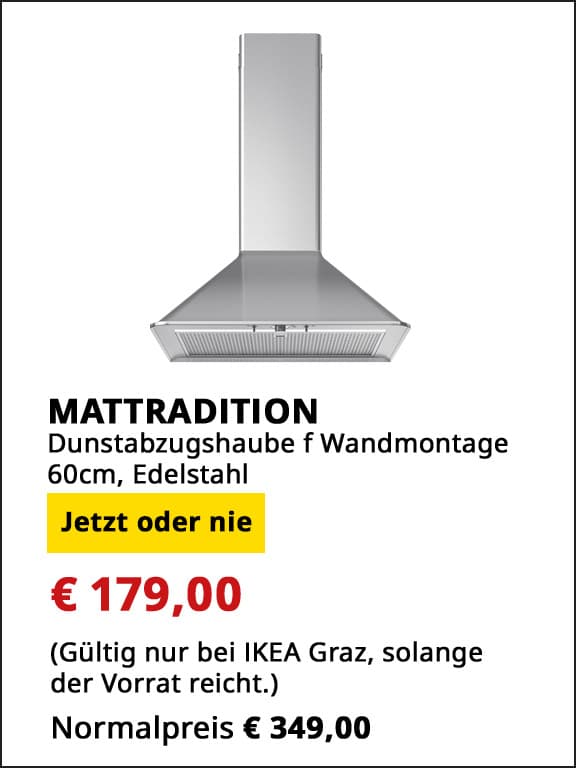 Dunstabzug für Wandmontage Mattradition, 60cm breit, Edelstahl, statt € 349 um € 179.