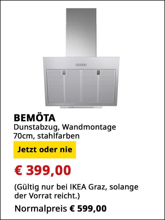  Dunstabzug für Wanfmontage, Bemöta, 70cm breit, stahlfarben, statt € 599 um € 399.