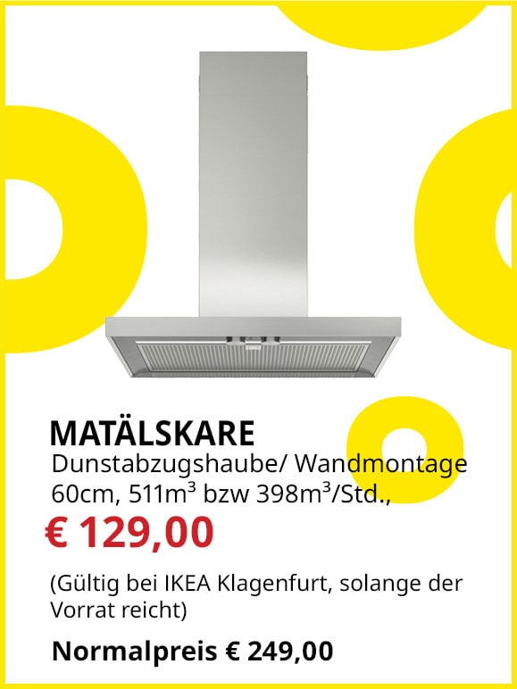 Dunstabzug Matälskare, 60cm, Abluft/Umluft,  511 bzw 398m³ Abzugsleistung pro Stunde, statt € 249 um € 129. 5 Jahre Garantie.