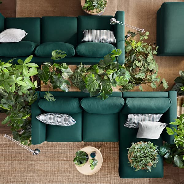 Два темно-зелені IKEA VIMLE ІКЕА ВІМЛЕ 3-місні дивани з модульними секціями та знімними чохлами.