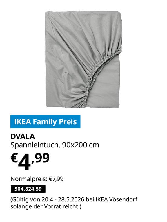 DVALA Spannleintuch, hellgrau, 90x200 cm  statt € 7,99 zum IKEA Family Preis von € 4,99