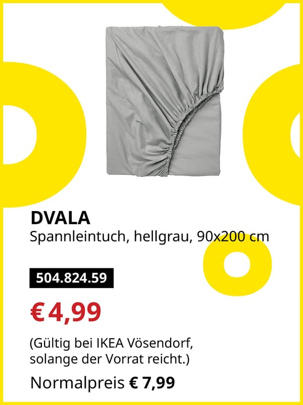 DVALA Spannleintuch, hellgrau, 90x200cm statt € 7,99 zum IKEA Frühlingsangebots-Preis von € 4,99