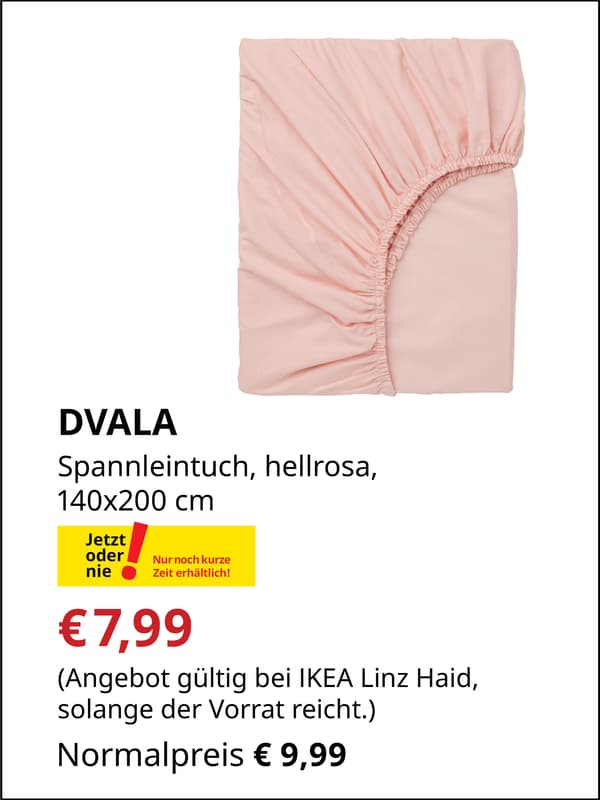 DVALA Spannleintuch, hellrosa, 140x200 cm, €7,99 statt €9,99