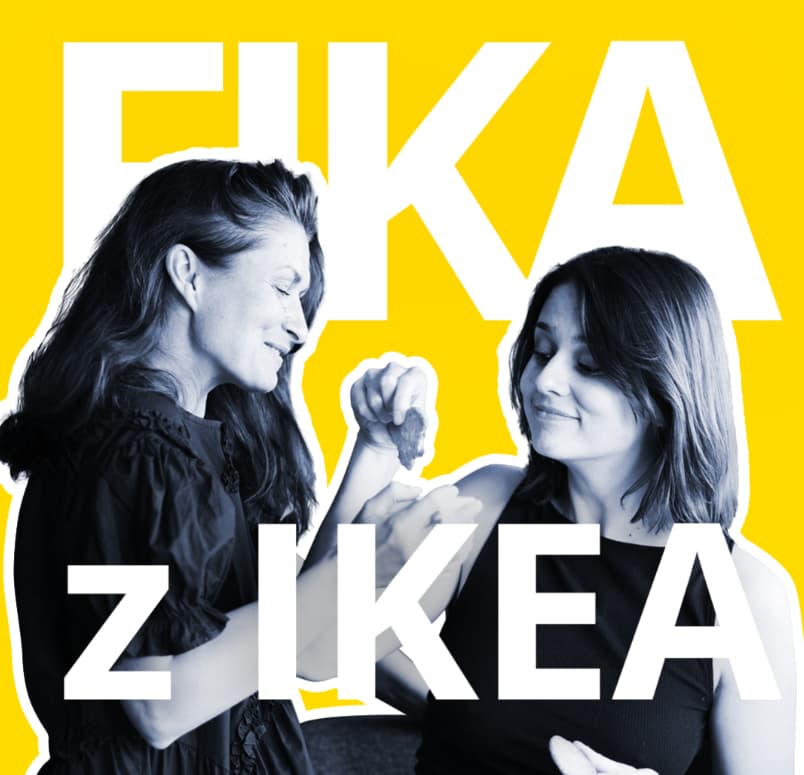 Dwie prowadzące Kasie Podcast Fika z IKEA na żółtym tle