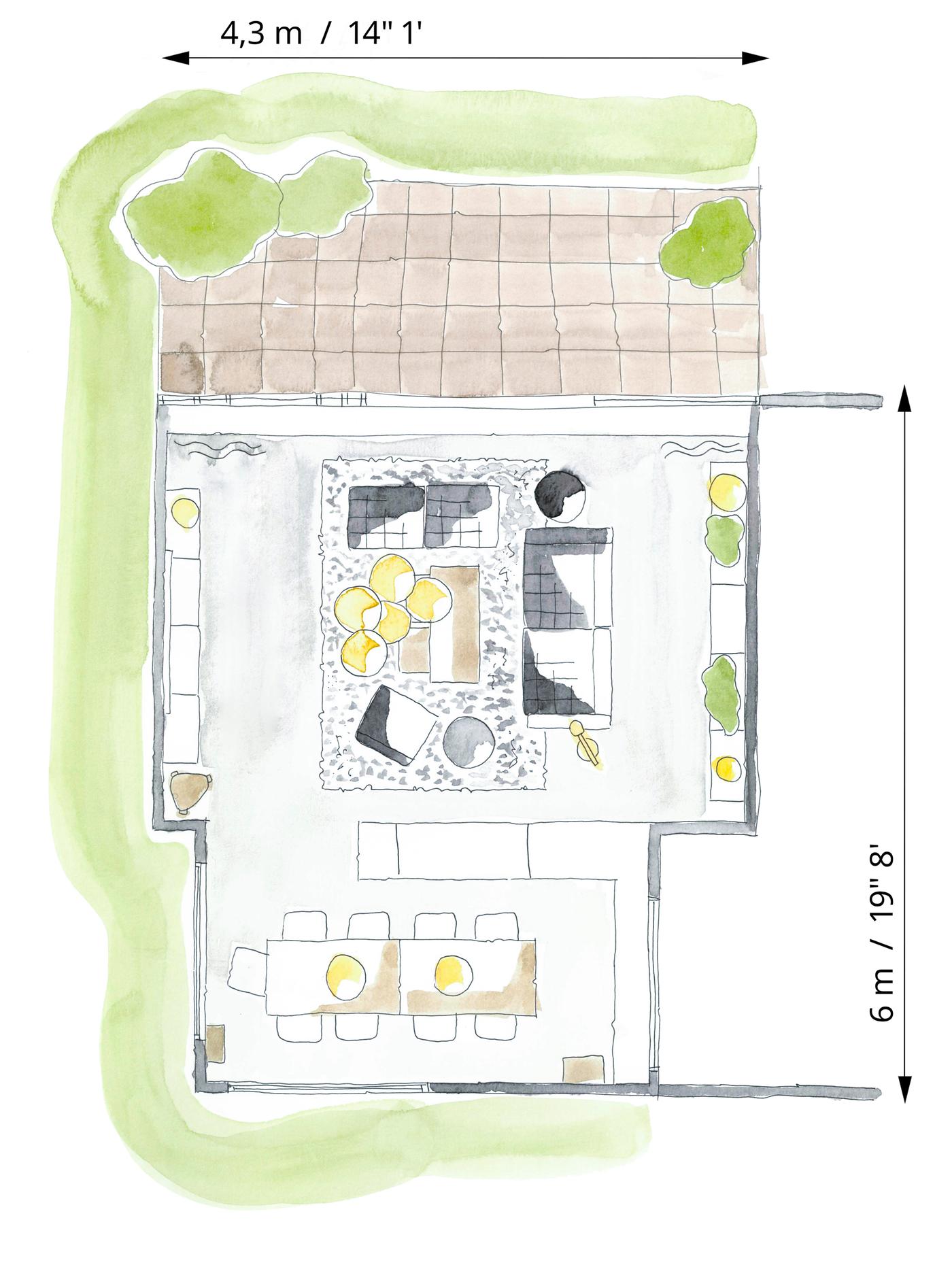 Ébauche de plan coloré illustrant un salon aménagé pour un usage quotidien et général.