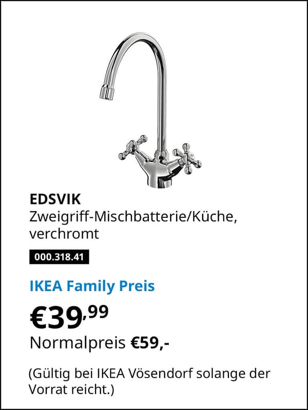 EDSVIK Zweigriff-Mischbatterie/Küche, verchromt Artikelnummer 000.318.41 statt € 59.- zum IKEA Family Preis von € 39,99 