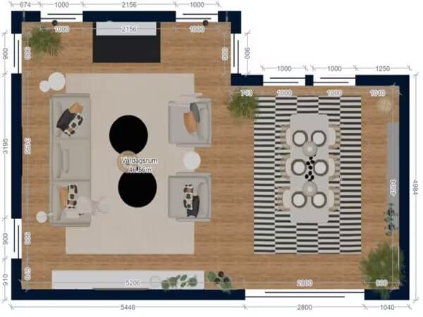 Een 2d plattegrond van een woonkamer
