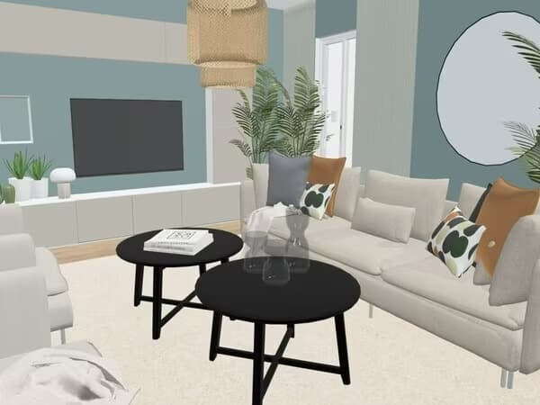 Een 3D tekening van een woonkamer