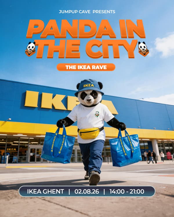 Een AI-gegenereerde afbeelding van een Panda die met FRAKTA tassen een IKEA winkel verlaat.