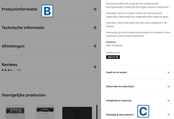 Een close up van de productpagina met productinformatie en handleidingen