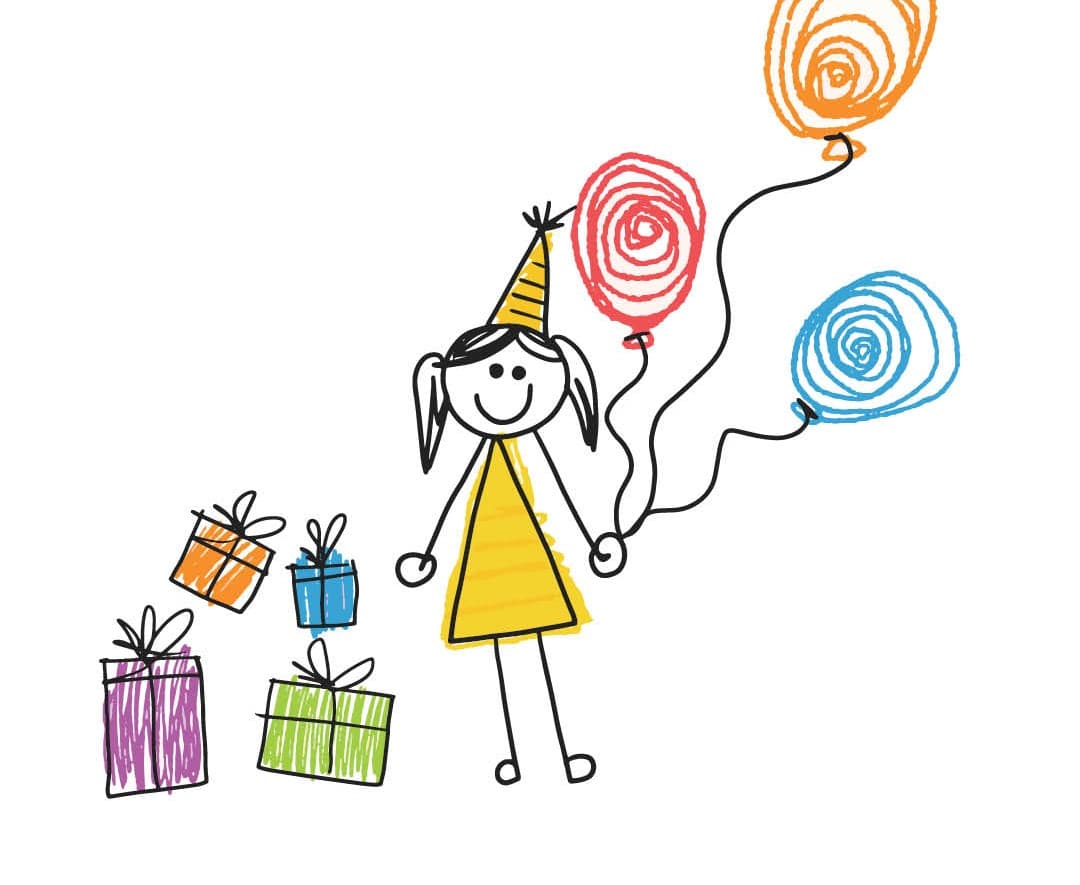 Een getekende afbeelding van een kinderfeestje