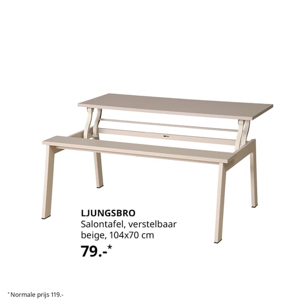 Een houten bank met verstelbare tafel.