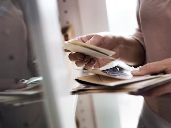 Een persoon met verschillende kaartjes in zijn handen