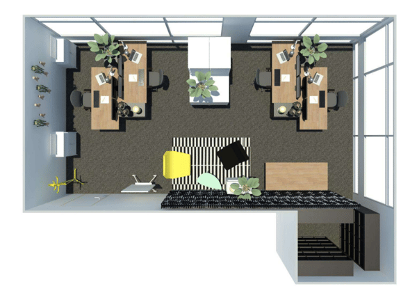 Een schematische weergave van een kantoor van boven