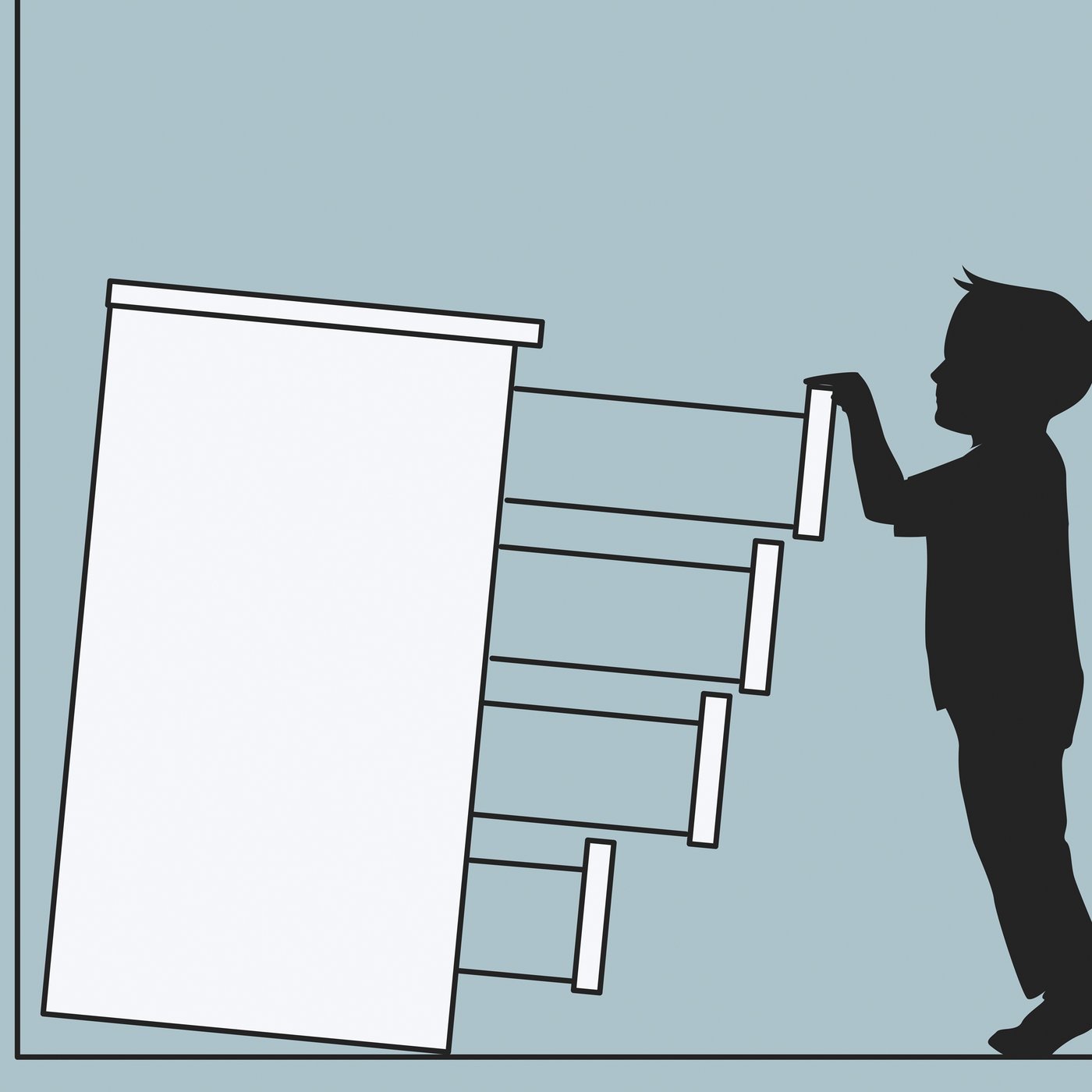 Een schets van een ladekast, niet aan de wand bevestigd, die omvalt op een kind dat alle lades heeft opengetrokken.