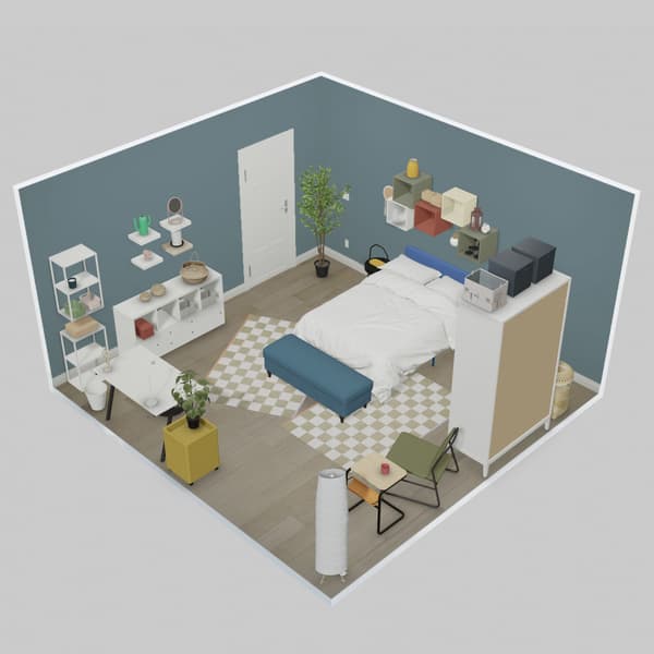 Een slaapkamer ingericht met IKEA Kreativ waarbij er twee KLASSRUM vloerkleden onder het bed liggen.