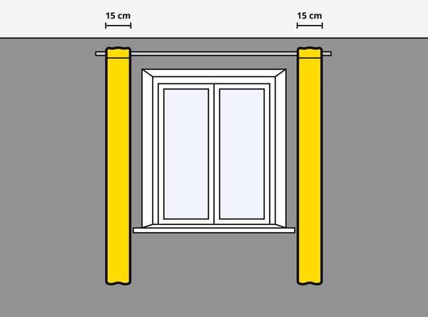 Een tekening van een raamkozijn met normale gordijnen.