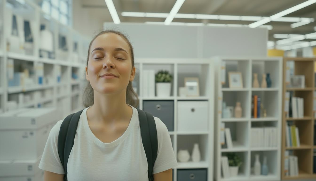 Een tevreden jonge vrouw met gesloten ogen en een vredige glimlach staat in een IKEA-winkel, omringd door witte KALLAX-achtige wandkasten gevuld met diverse woondecoratie en opbergdozen.