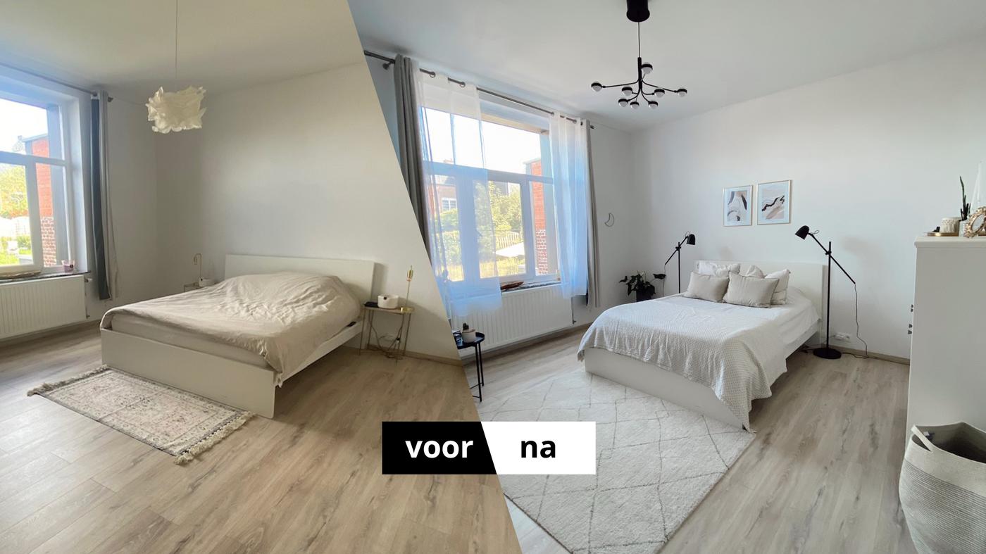 Een voor en na afbeelding van een slaapkamer.