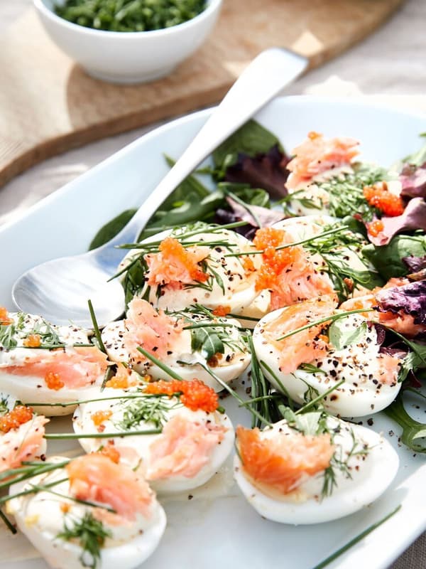 Egg halves with salmon served at a midsummer lunch.