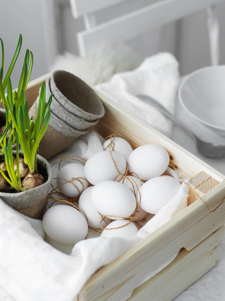 Egg og løkblomster i en kurv.