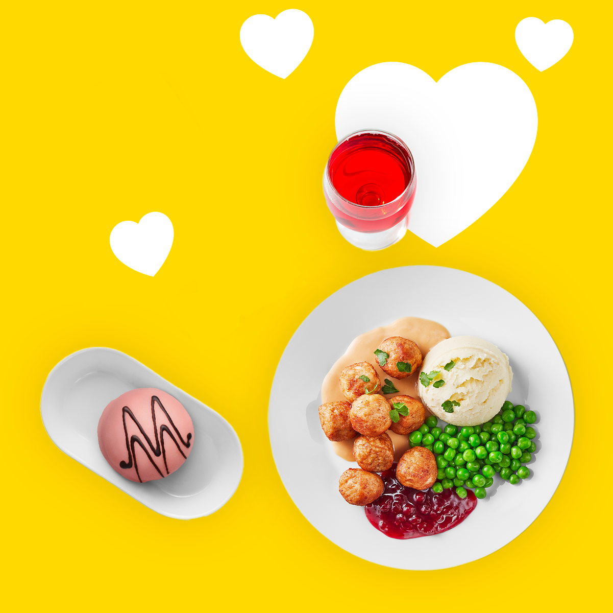 Egy nyolcdarabos húsgolyó menü krumplipürével és borsóval, újratölthető üdítővel és hercegnőtortával.