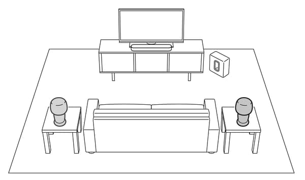 Egy szoba vázlata, házi mozi rendszerrel, kanapéval és két kis asztallal.