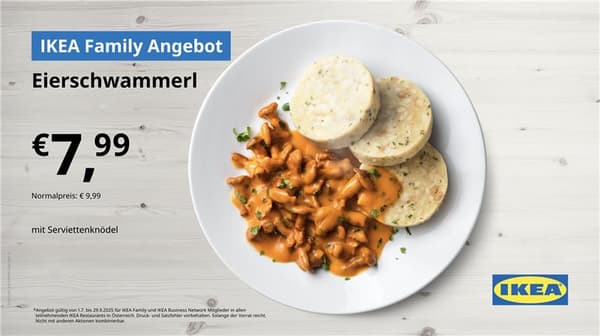 Eierschwammerl mit Semmelknödel auf einem Teller. Text Family Angebot Eierschwammerl für 7,99 € statt 9,99 €
