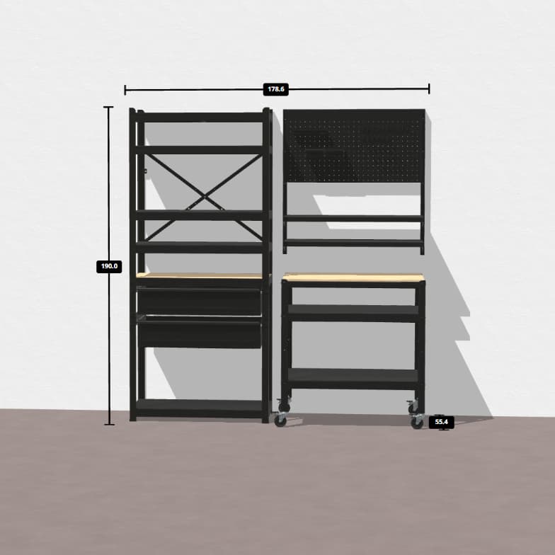 Ein Ausschnitt aus dem BROR Regalplaner zeigt ein BROR Regal mit Schubladen und Regalböden, eine  BROR Werkbank auf Rollen und ein BROR Wandregal mit 2 Regalböden und einer Lochplatte. 